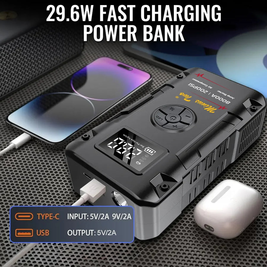 4-in-1 Portable Car Jump Starter with 200 PSI Tyre Inflator