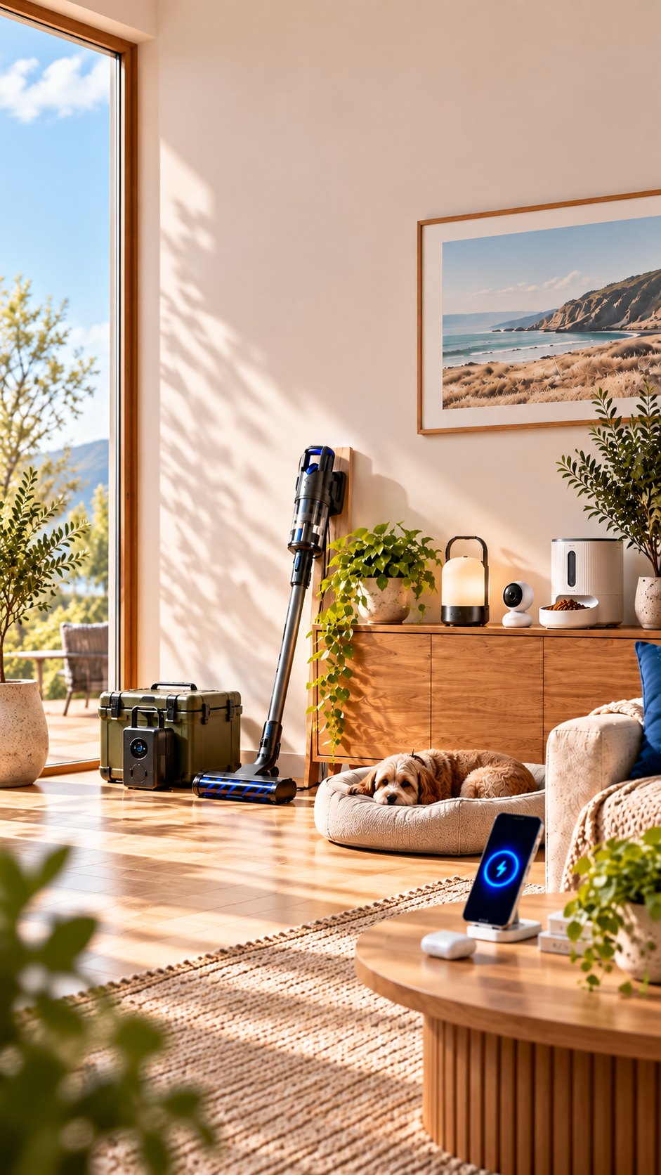 Bright living room with a dog resting in its bed and everyday Rangetek home, tech and outdoor essentials