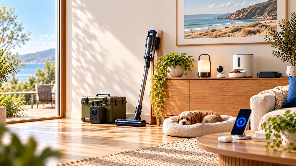 Bright living room with a dog resting in its bed and everyday Rangetek home, tech and outdoor essentials