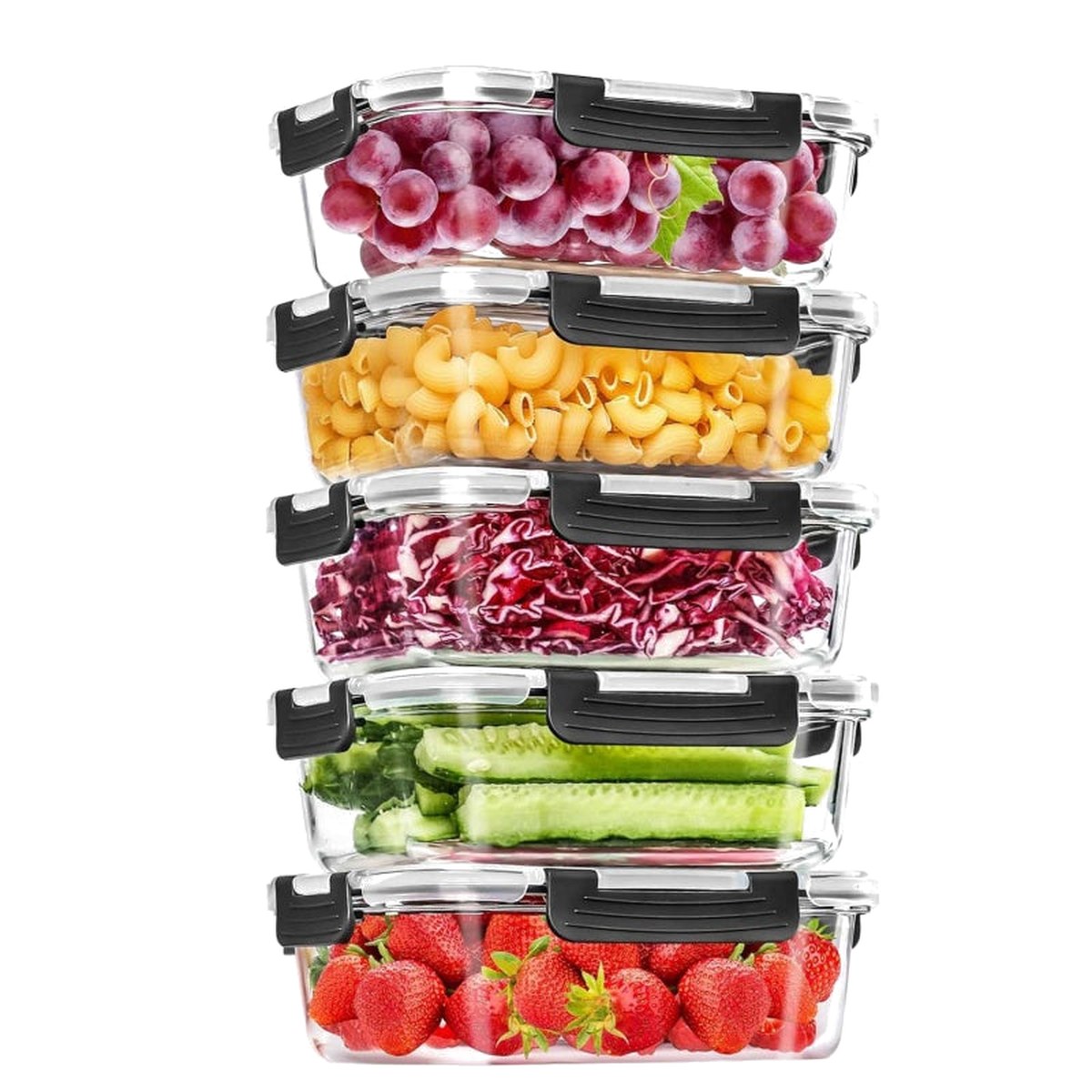 Stack of five glass food storage containers with snap-lock lids